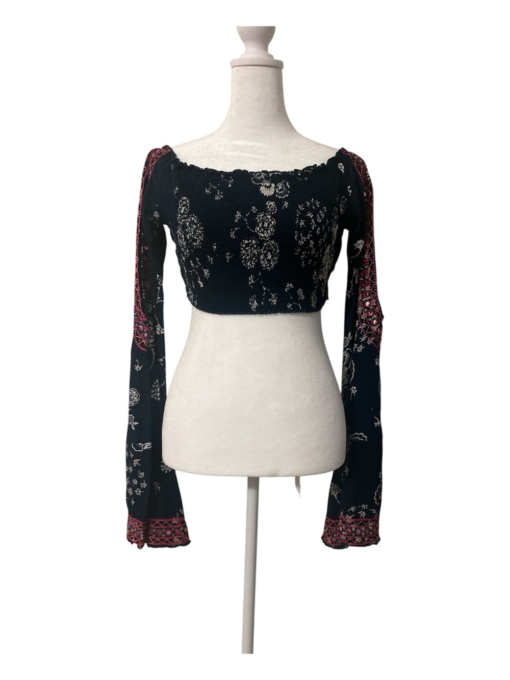 RAGA Black Floral Off-Shoulder Cropped Top with Burgundy Trim